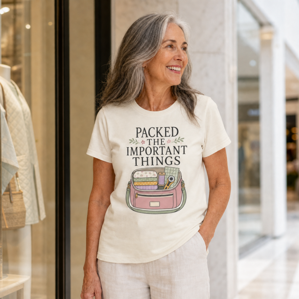 A smiling older woman with gray hair stands in a shopping mall next to a storefront, wearing a cream-colored graphic t-shirt that reads 'PACKED THE IMPORTANT THINGS' above a pink and green suitcase illustration.