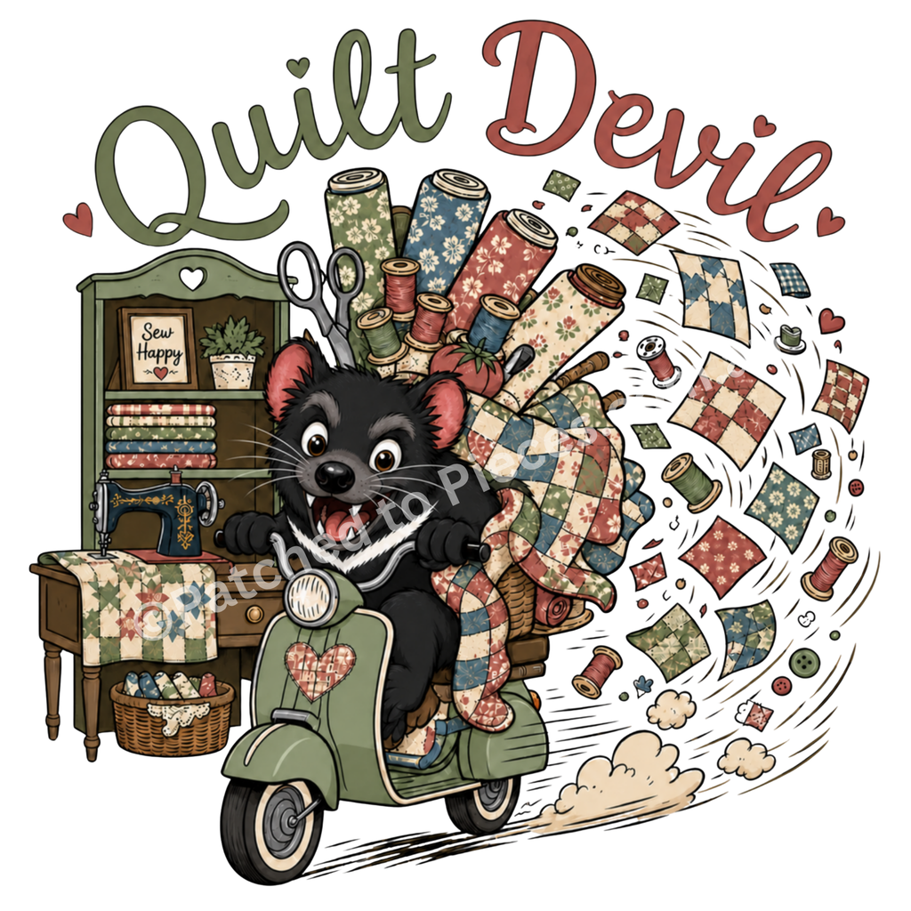 A whimsical illustrated graphic featuring a Tasmanian Devil riding an olive green scooter, surrounded by quilts, fabric rolls, sewing notions, and the words 'Quilt Devil' in large decorative lettering on a white background.