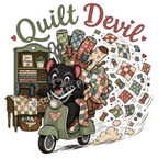 A whimsical illustrated graphic featuring a Tasmanian Devil riding an olive green scooter, surrounded by quilts, fabric rolls, sewing notions, and the words 'Quilt Devil' in large decorative lettering on a white background.