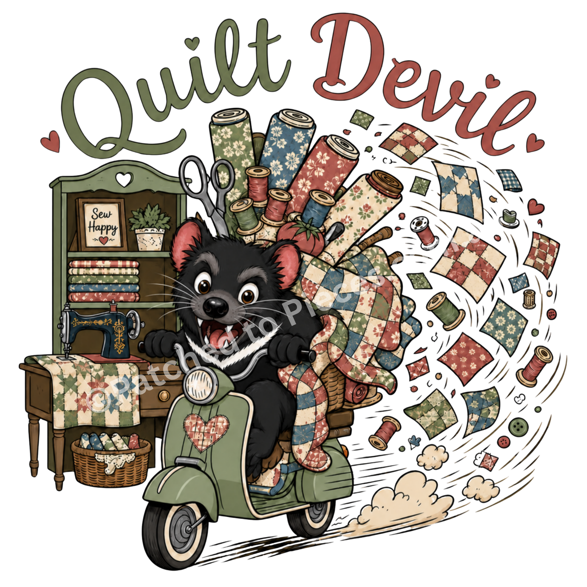 A whimsical illustrated graphic featuring a Tasmanian Devil riding an olive green scooter, surrounded by quilts, fabric rolls, sewing notions, and the words 'Quilt Devil' in large decorative lettering on a white background.