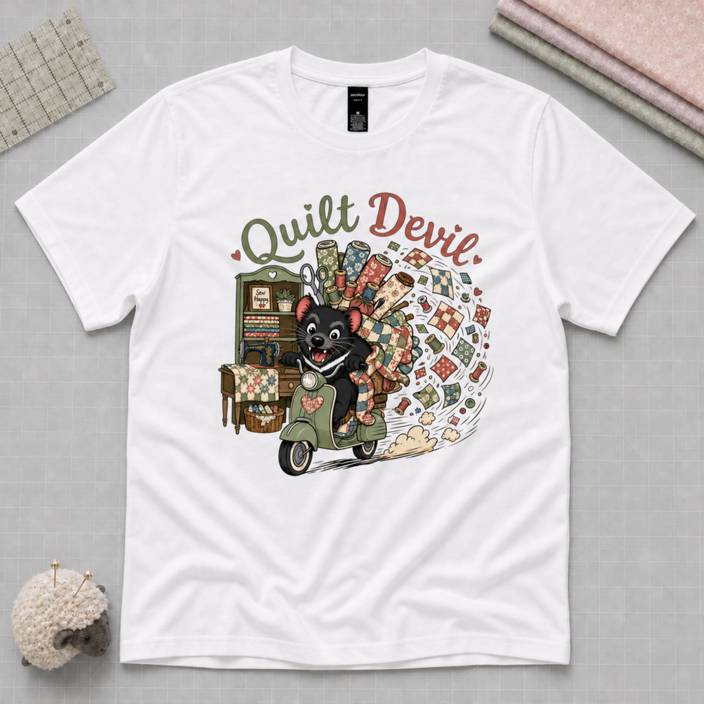 A white short-sleeve graphic t-shirt laid flat on a gray textured background, featuring a colorful illustration of a Tasmanian Devil riding a green scooter with a burst of quilt fabric and the text 'Quilt Devil'.