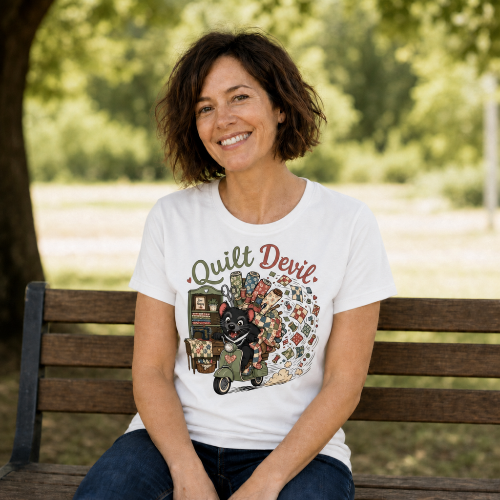 A smiling woman with short brown hair sits on a wooden park bench wearing a white graphic t-shirt with a colorful 'Quilt Devil' design. The background is a softly blurred green park setting.
