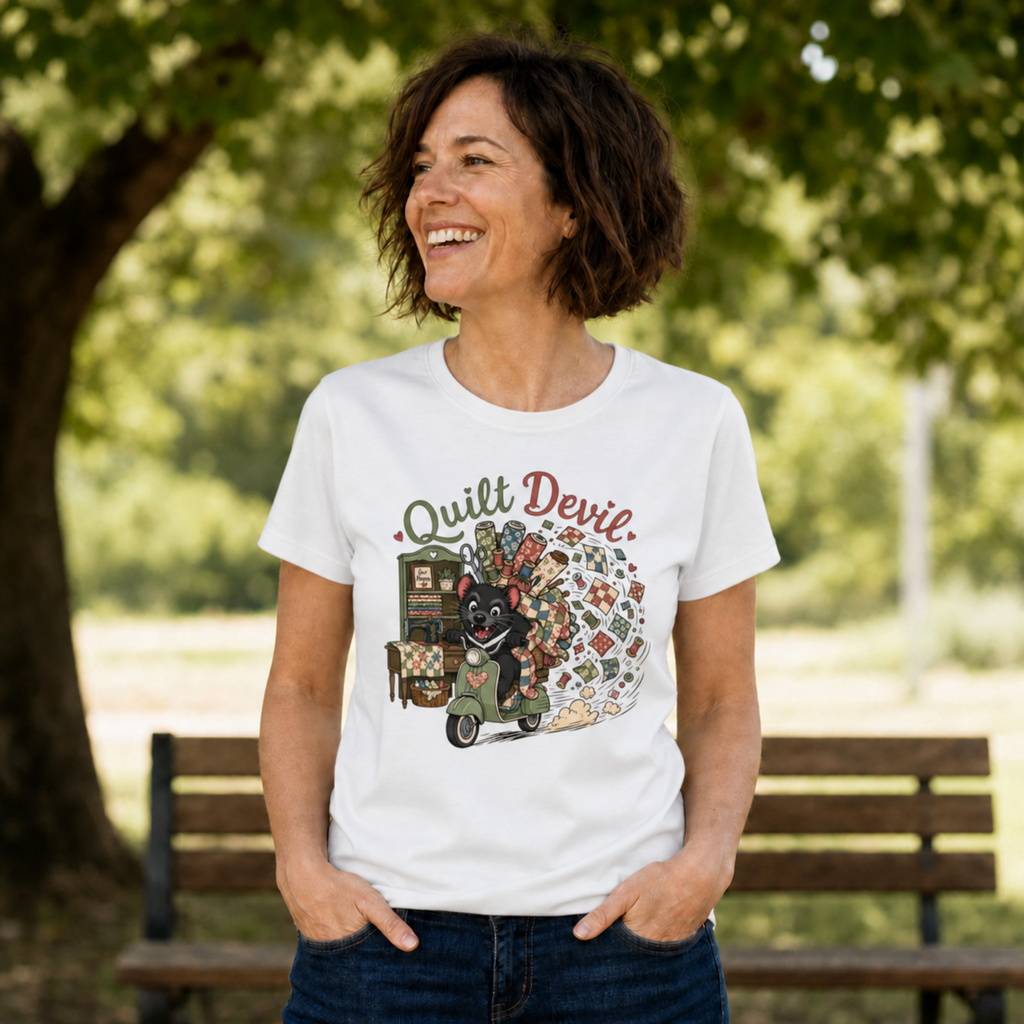 A woman wearing a white graphic t-shirt with a 'Quilt Devil' design, standing outdoors in a park with a wooden bench and green trees in the background.