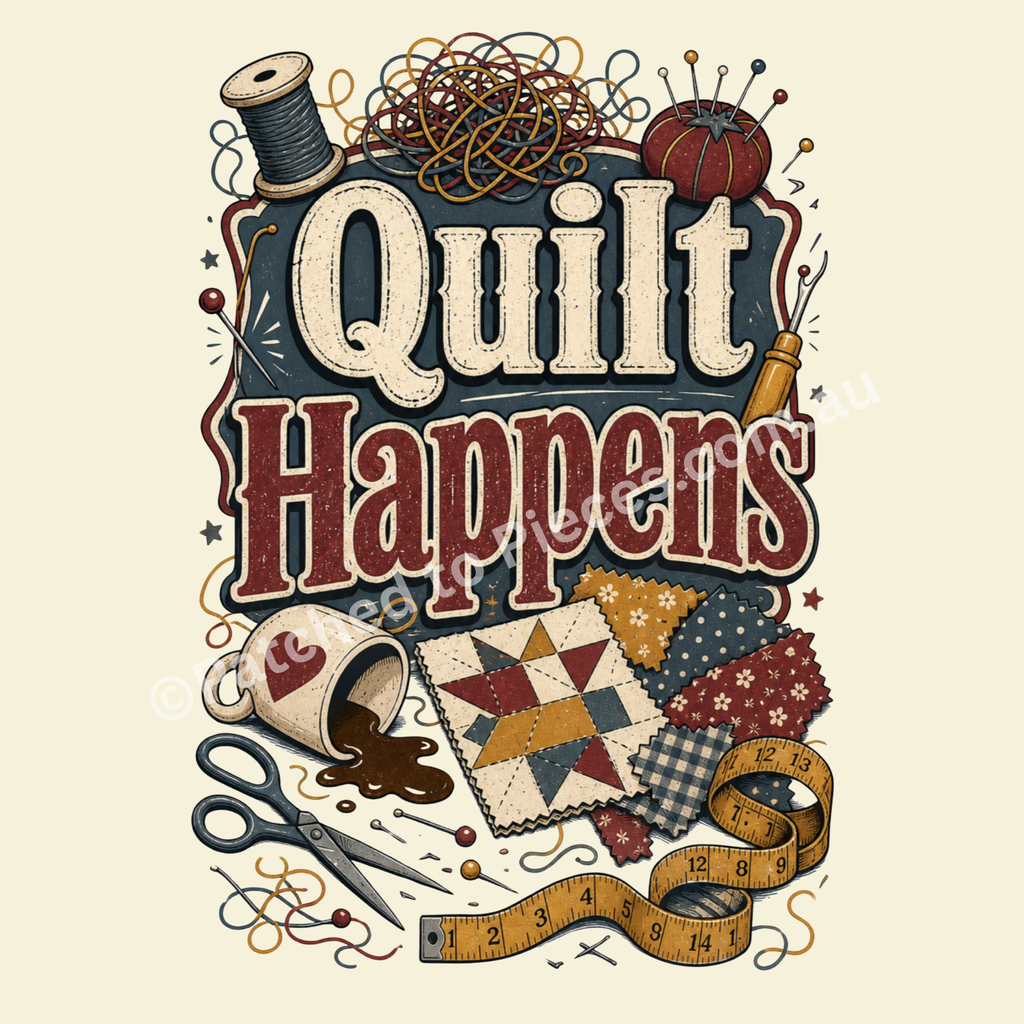 A vintage-style illustrated graphic with the words “Quilt Happens” in large cream and burgundy lettering, surrounded by sewing and quilting props including spools of thread, a pincushion, scissors, fabric squares, a measuring tape, and a small cup. The artwork is centered on a very pale yellow background.