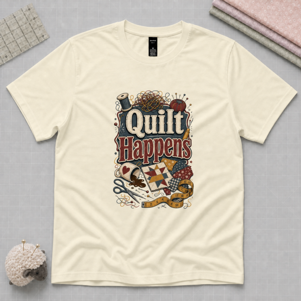 An very pale yellow short-sleeve t-shirt with a colorful 'Quilt Happens' graphic print, laid flat on a gray cutting mat with sewing-themed props.