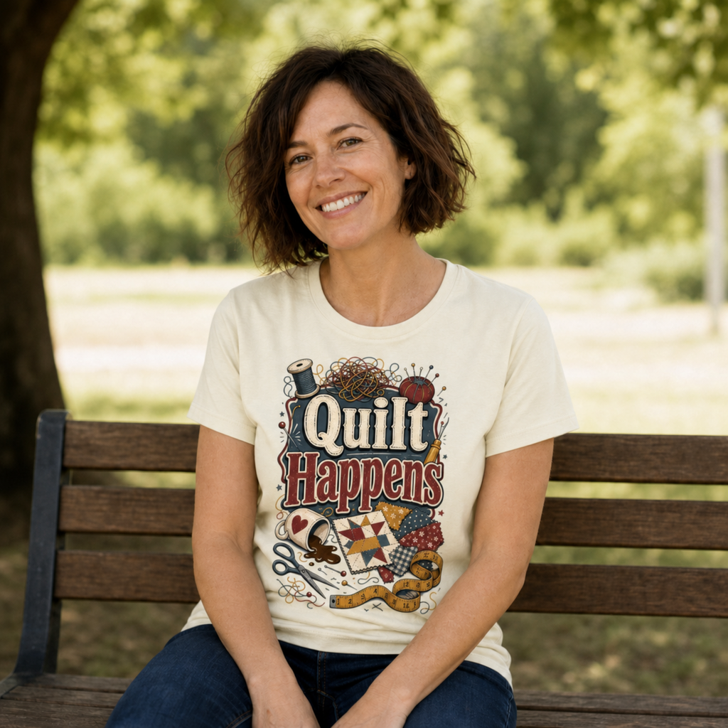 A smiling woman with short brown hair sits on a wooden park bench wearing a pale yellow t-shirt with a colorful graphic that reads 'Quilt Happens' surrounded by sewing and quilt-themed illustrations. The background is a softly blurred green park setting.