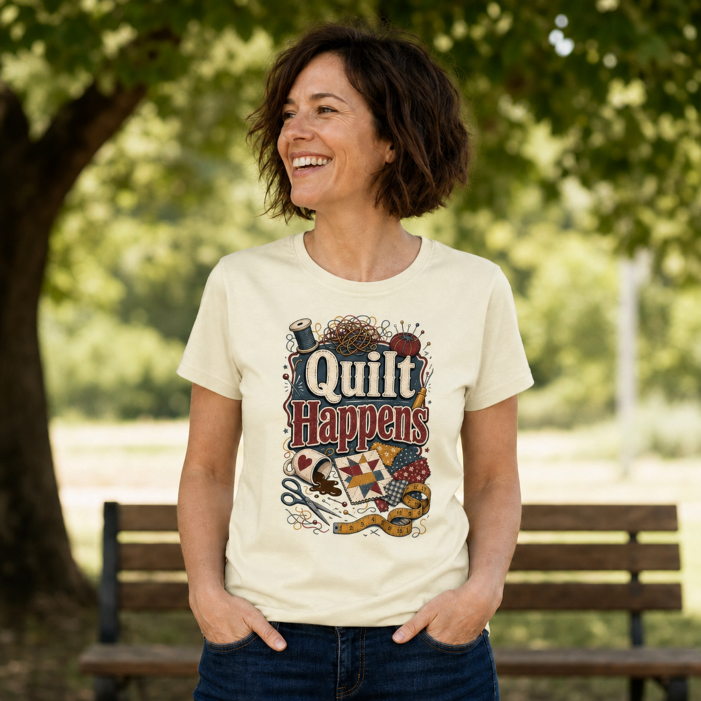 A woman wearing a very pale yellow graphic t-shirt with the text 'Quilt Happens' and quilt-themed illustrations, standing in a sunny park in front of a wooden bench.