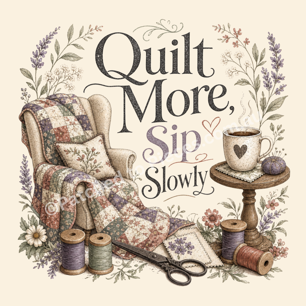 A detailed image of the 'Quilt More, Sip Slowly' graphic showing a vintage style armchair with a quilt draped over it, a small coffee table with a mug of coffee and pincushion. The design also includes flowers, thread spools and a pair of scissors.
