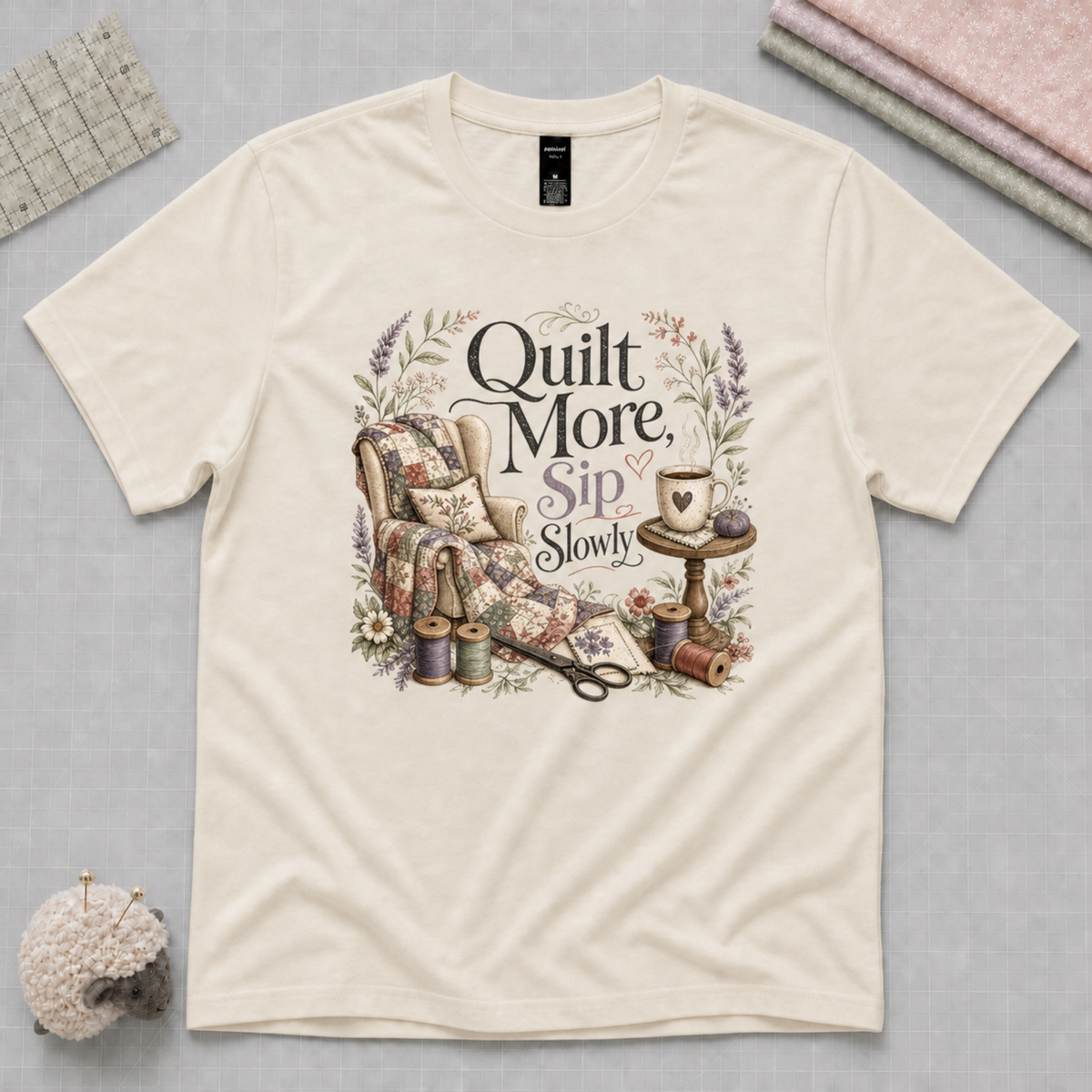 An light cream short-sleeve t-shirt with a vintage-style armchair, a small table with coffee cup and the text 'Quilt More Sip Slowly' in a floral arrangement. The shirt is displayed flat on a pale grey cutting mat with quilting props, including thread spools and scissors.