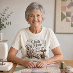 An older woman with gray hair sits at a table wearing a cream-colored graphic t-shirt that reads 'Quilt More Slip Slowly' with a vintage quilting illustration. She is surrounded by quilting supplies, including a sewing machine on the left and a quilt on the table in front of her.