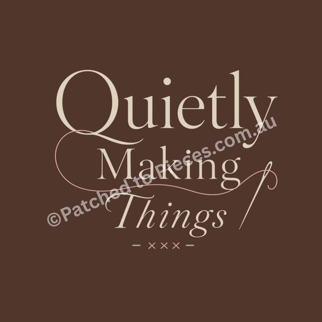  A close up image of 'Quietly Making Things' featuring elegant cream-colored typography on a solid dark brown background, with a small decorative needle and stitched 'xxx' detail at the bottom.