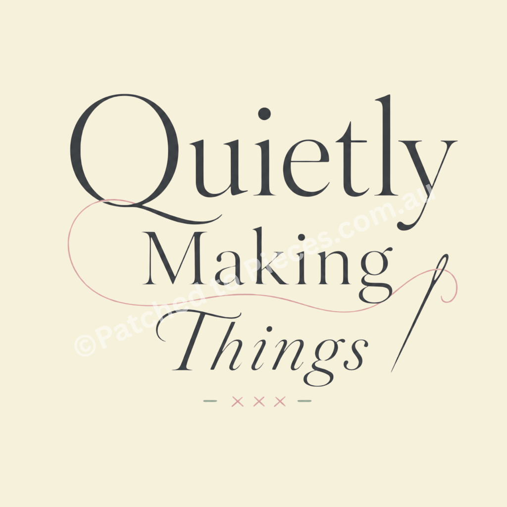 A square graphic with the phrase 'Quietly Making Things' in dark gray serif and script lettering on a pale butter yellow background, with a thin pink decorative line and a small needle illustration.