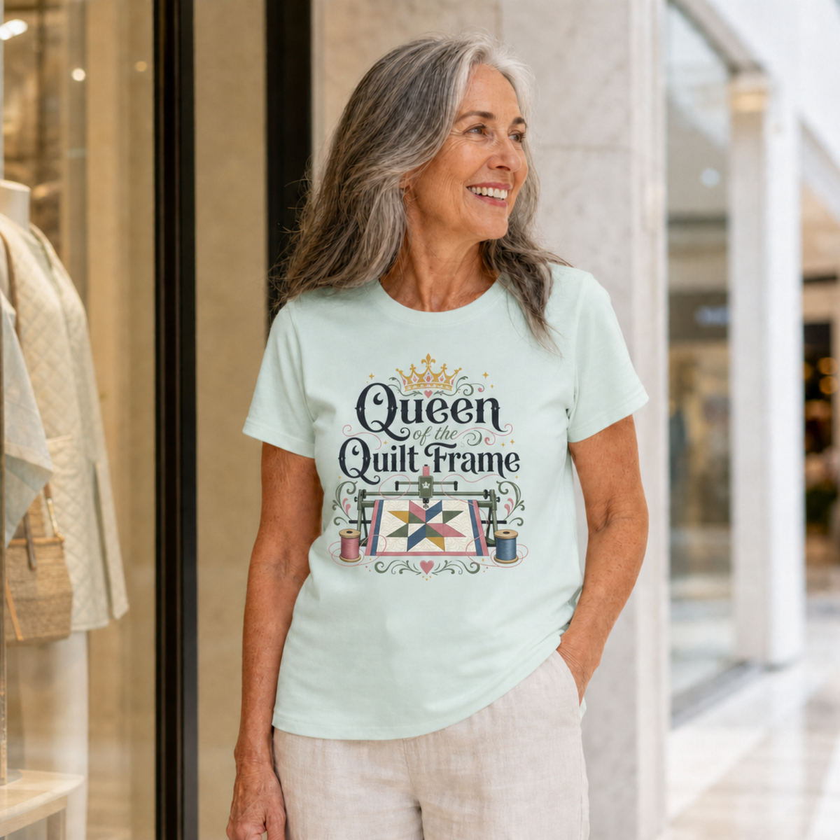 A woman with long grey hair standing in a mall wearing a pale mint green t-shirt with the graphic 'Queen of the Quilt Frame'.