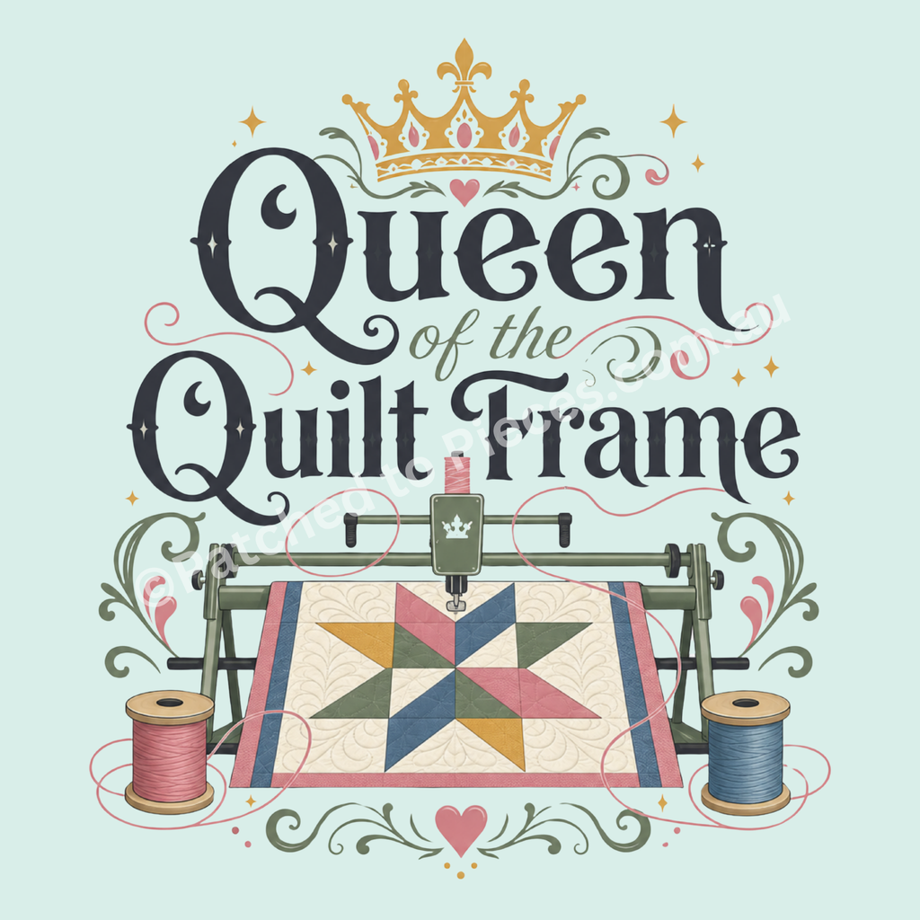 "Queen of the Quilt Frame' graphic with the wording in black and green above an illustration of a longarm quilting machine, a quilt and spools of thread.