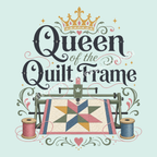 "Queen of the Quilt Frame' graphic with the wording in black and green above an illustration of a longarm quilting machine, a quilt and spools of thread.