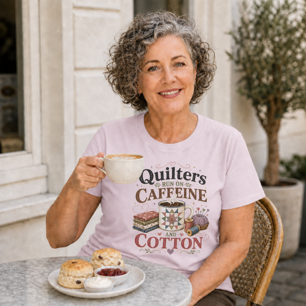 A smiling woman with grey hair sits at an outdoor cafe table holding a cup of coffee. She is wearing a pale mauve t-shirt with 'Quilters Run On Caffeine and Cotton' above an illustration of a coffee mug, fabric stack, thread spools and a pincushion. Scones with jam and cream are on the table in front of her.