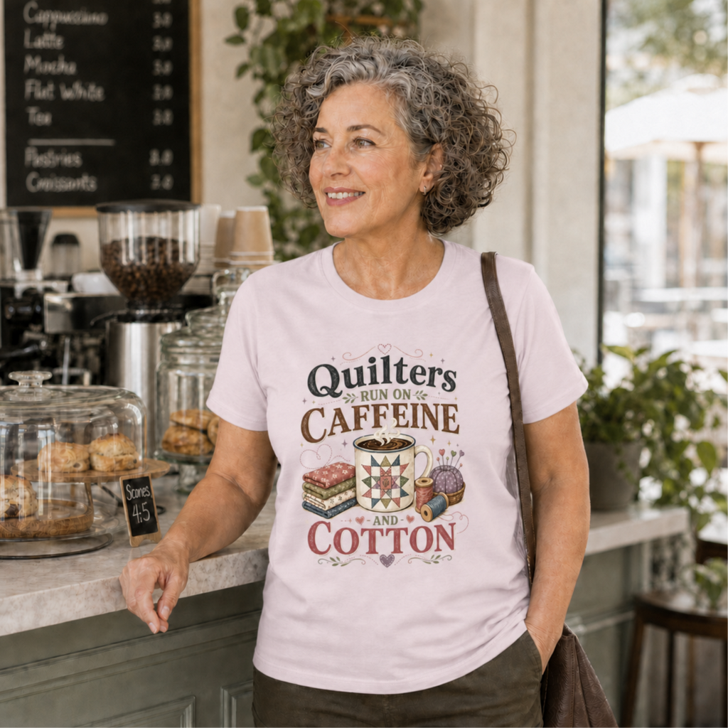 A smiling woman with curly gray hair stands in a coffee shop wearing a light mauve graphic T-shirt that reads 'Quilters Run On Caffeine and Cotton' with fabric stack, coffee mug, pincushion and thread spools. The background shows a cafe counter with pastries, glass jars, and a coffee machine.