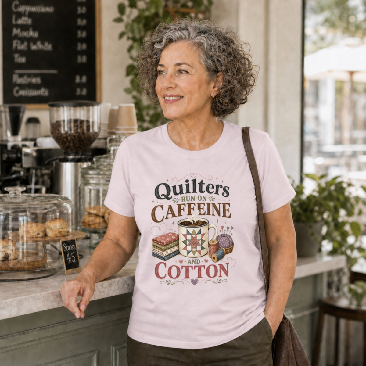 A smiling woman with curly gray hair stands in a coffee shop wearing a light mauve graphic T-shirt that reads 'Quilters Run On Caffeine and Cotton' with fabric stack, coffee mug, pincushion and thread spools. The background shows a cafe counter with pastries, glass jars, and a coffee machine.