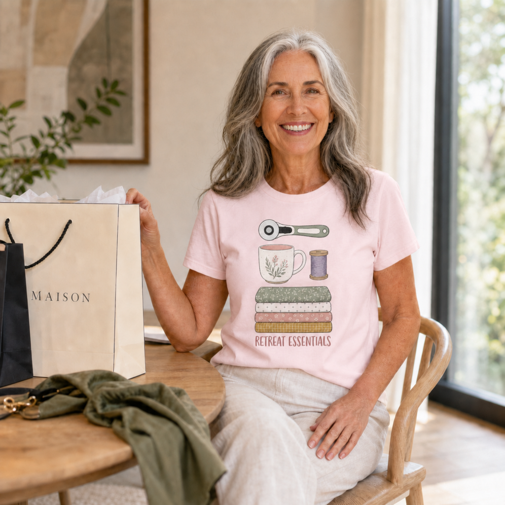 A smiling woman with gray hair sits at a wooden table wearing a light pink graphic T-shirt that reads 'RETREAT ESSENTIALS' with sewing and crafting icons. She holds a large shopping bag, with another dark bag and an olive green garment nearby.