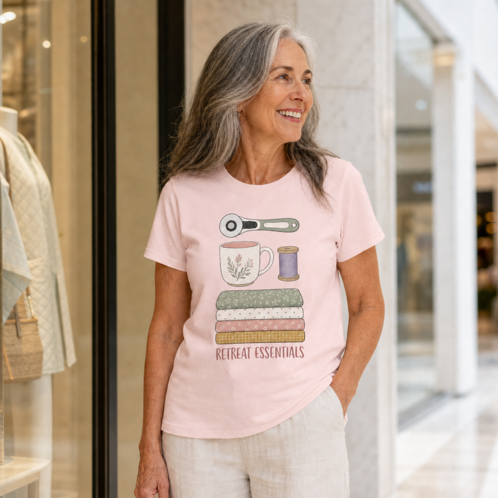 A smiling older woman stands in a shopping mall wearing a light pink graphic t-shirt with a 'REFRREAT ESSENTIALS' design featuring a coffee mug, thread spool, and folded fabrics.
