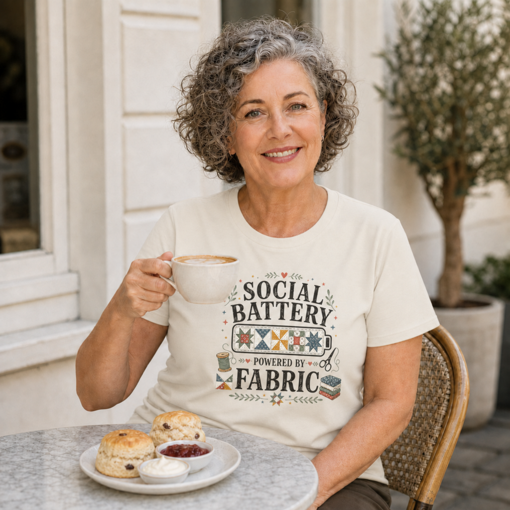 An older woman with short grey hair sits at an outdoor cafe wearing an off-white t-shirt with the words 'Social Battery Powered by Fabric'. The model is holding a coffee cup and a plate of scones, jam and cream is on the table in front of her.
