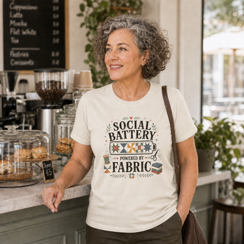 An older woman with short grey hair stands at a cafe counter wearing an off-white t-shirt with the graphic 'Social Battery Powered by Fabric'. There are cakes on the counter and a chalk board on the wall in the background.