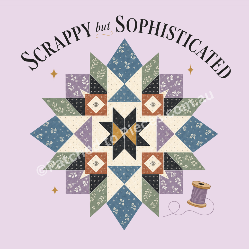 An image of the graphic 'Scrappy but Sophisticated' showing the words in dark serif font above an illustration of a large star quilt block in cream with muted green, mauve, blue and clay. A spool of mauve thread and small gold stars appear in the corners.