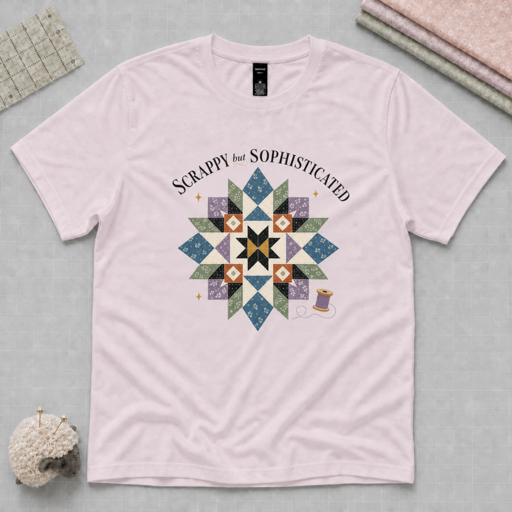 A pale mauve t-shirt laying folat on a grey background with and illustration of a star quilt block and purple thread spool and the words 'Scrappy but Sophisticated'.