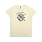 A pale butter yellow short-sleeve crewneck tshirt with the words 'Scrappy but Sophisticated' above a large star quilt block with a purple thread spool on the bottom right.
