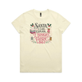 A pale butter yellow short-sleeve crewneck t-shirt with a festive Christmas-themed graphic on the chest. The graphic features the text 'Santa, I Can Explain...I Bought Fabric'.
