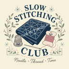 A vintage-style illustrated graphic for 'Slow Stitching Club' featuring a navy blue sashiko-stitched quilt, pink spool of thread, thimble, needle, and floral wreath on a pale yellow background.