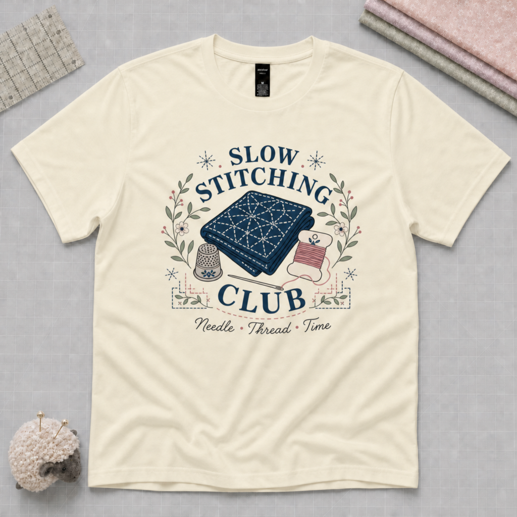 A pale yellow t-shirt laying flat on a grey cutting mat featuring the text 'Slow Stitching Club' with illustrations of sashiko-stitched fabric, need, thread, thimble and small flowers and leaves.