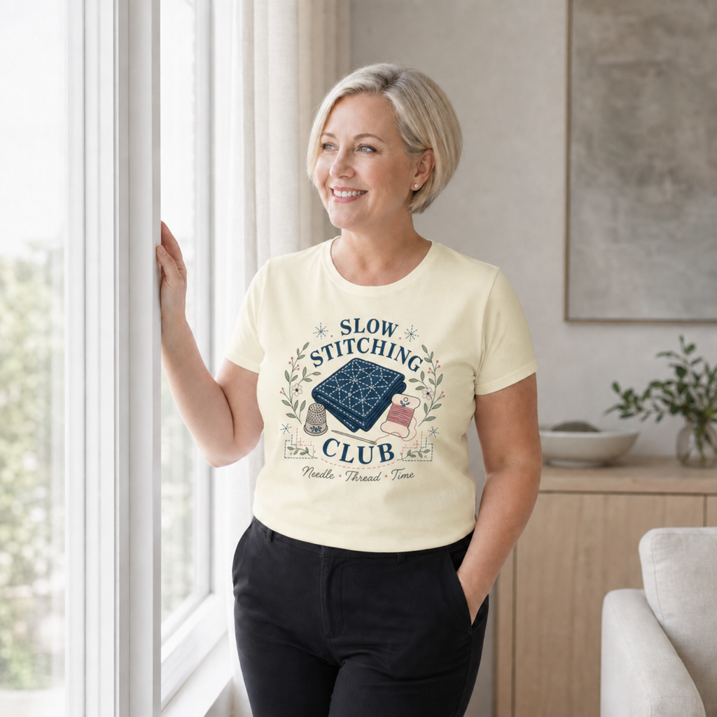 A woman with short blonde hair stands by a window in a bright room, wearing a pale yellow graphic t-shirt that reads 'SLOW STITCHING CLUB' with a sashiko-stitched fabric illustration, paired with black pants.
