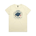 A pale butter yellow short-sleeved crewneck t-shirt with the graphic 'Slow Stitching Club' surrounding an illustration of a piece of sashiko stitched fabric, thimble, need and thread with small flowers and leaves.