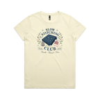 A pale butter yellow short-sleeved crewneck t-shirt with the graphic 'Slow Stitching Club' surrounding an illustration of a piece of sashiko stitched fabric, thimble, need and thread with small flowers and leaves.