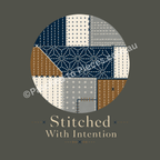 A circular graphic showing a patchwork of sashiko stitched fabric panels in navy, cream, gray, and brown, with the text 'Stitched With Intention' below on a dark gray background.