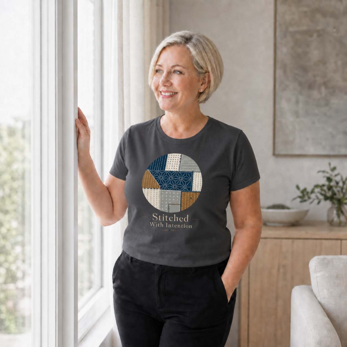 A woman with short blonde hair stands by a window in a bright room, wearing a dark charcoal gray t-shirt with a circular patchwork graphic in blue, beige, and white, and the text 'Stitched With Intention' printed below it.
