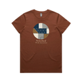 A clay brown short-sleeve crewneck t-shirt featuring a circular graphic on the chest with geometric sashiko stitched patterns in navy, beige, and brown, with the text 'Stitched With Intention' printed below.
