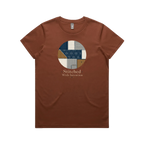 A clay brown short-sleeve crewneck t-shirt featuring a circular graphic on the chest with geometric sashiko stitched patterns in navy, beige, and brown, with the text 'Stitched With Intention' printed below.