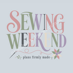 A detailed illustration of the graphic 'Sewing Weekend plans firmly made'. The letters are multi-coloured in muted pink, green, mauve, grey and cream. There is also a needle and thread and a patchwork star in the same colours.