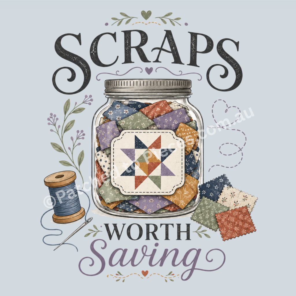 A detailed image of 'Scraps Worth Saving' showing the writing in black and muted purple. A glass jar sits in the centre with small fabric scraps inside and a patchwork label. Fabric swatches in muted red, green, blue and cream, a spools of blue thread, small floral embellishments and stitch lines are also included.
