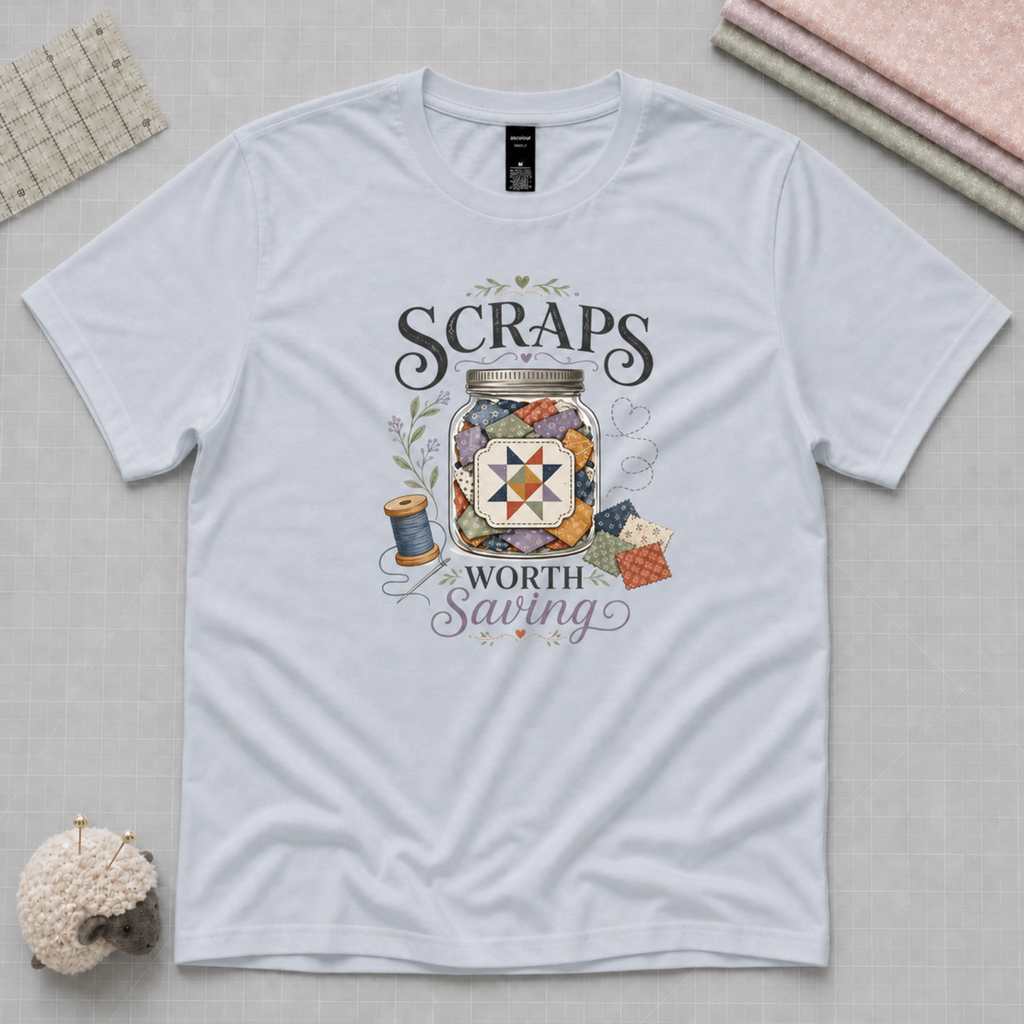 A powder blue short-sleeve t-shirt with the words 'Scraps Worth Saving' and an illustration of a glass jar containing small fabric scraps.