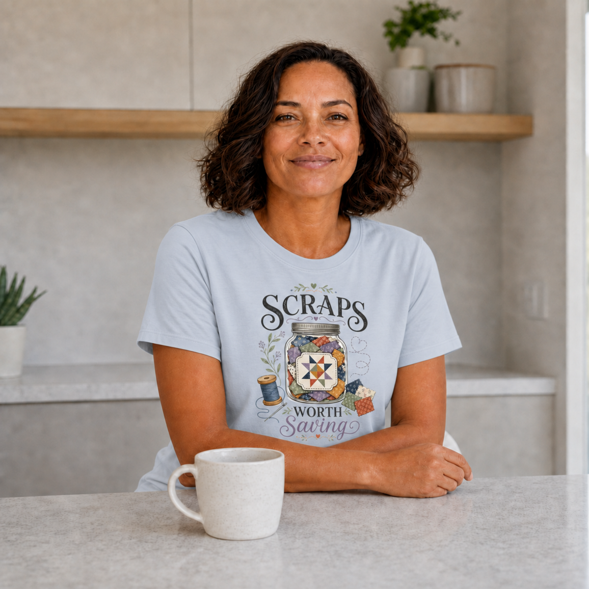 A dark haired womansitting at a kitchen bench wearing a powder blue t-shirt featuring the words 'Scraps Worth Saving' with a jar of fabric scraps. There is a cup of on the bench.