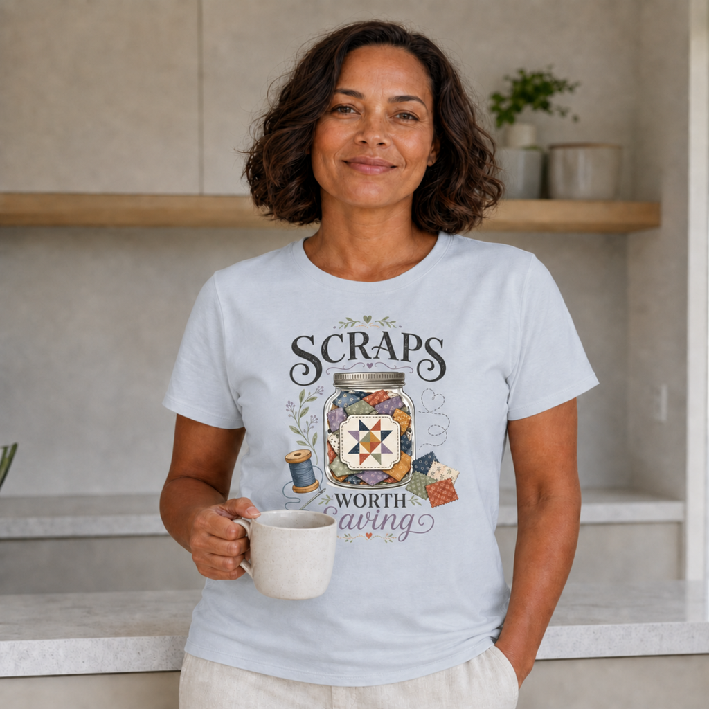 A dark haired woman standing in a kitching holding a cup of coffee. She is wearing a powder blue t-shirt with the words 'Scraps Worth Saving' and an illustration of a jar containing small fabric scraps.