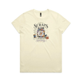 A pale butter yellow short-sleeve t-shirt with the graphic 'Scraps Worth Saving' surrounding a jar filled with small fabric swatches.