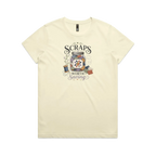 A pale butter yellow short-sleeve t-shirt with the graphic 'Scraps Worth Saving' surrounding a jar filled with small fabric swatches.