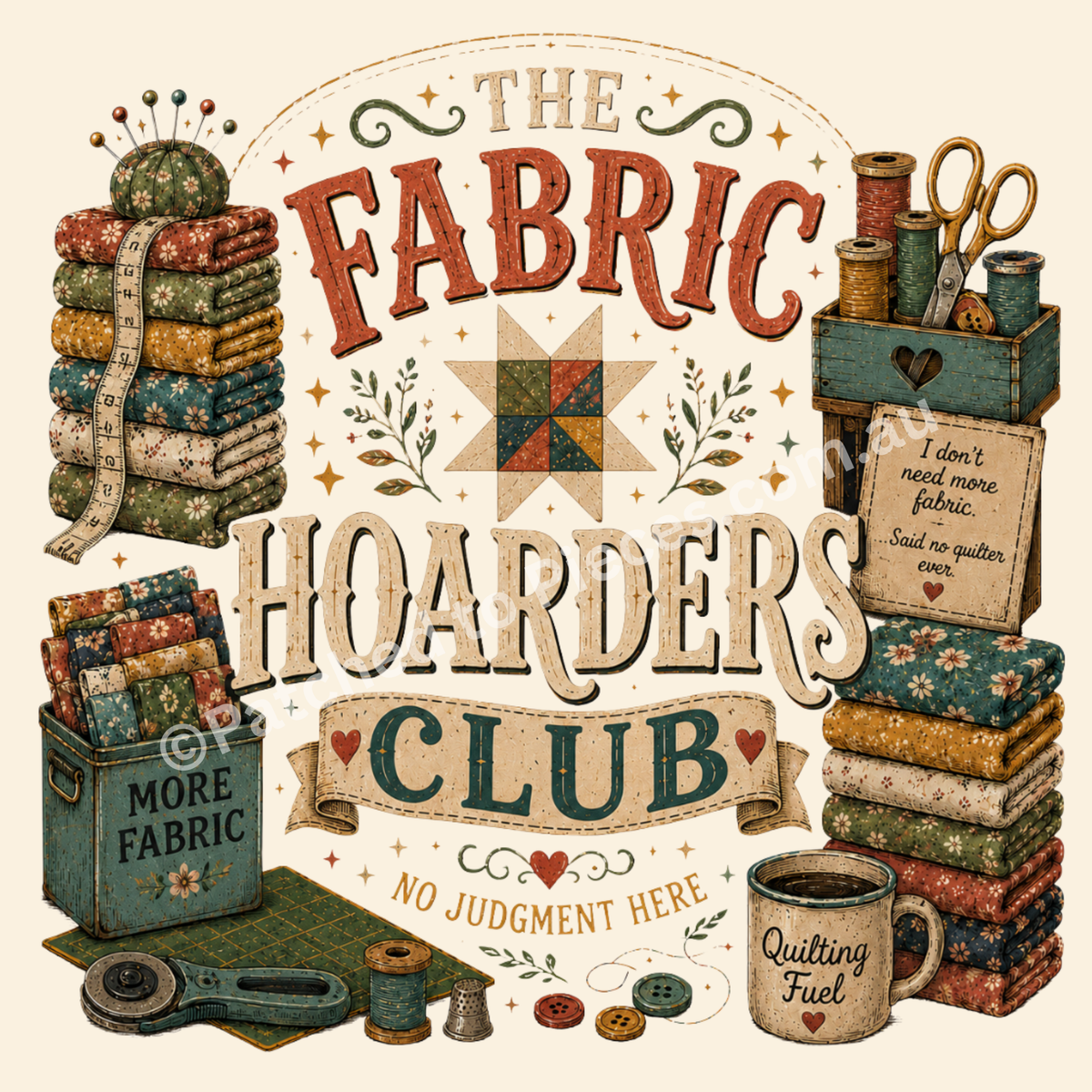 Details of the graphic 'The Fabric Hoarders Club' showing the words surrounded by fabric bundles, quilting tools, a coffee mug and patchwork star. The colours in the graphic are muted greens, reds, blues and mustard.