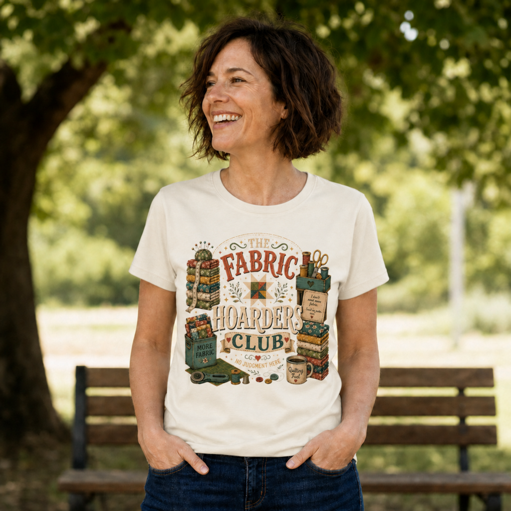 A dark haired woman standing in front of a park bench wearing a graphic t-shirt with the words 'The Fabric Hoarders Club' surrounded by illustrations of fabric bundles and quilting tools.