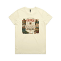 A pale butter yellow short-sleeve crewneck t-shirt with a vintage style graphic featuring the words 'The Fabric Hoarders Club' surrounded by fabric stacks, a coffee mug and quilting tools.