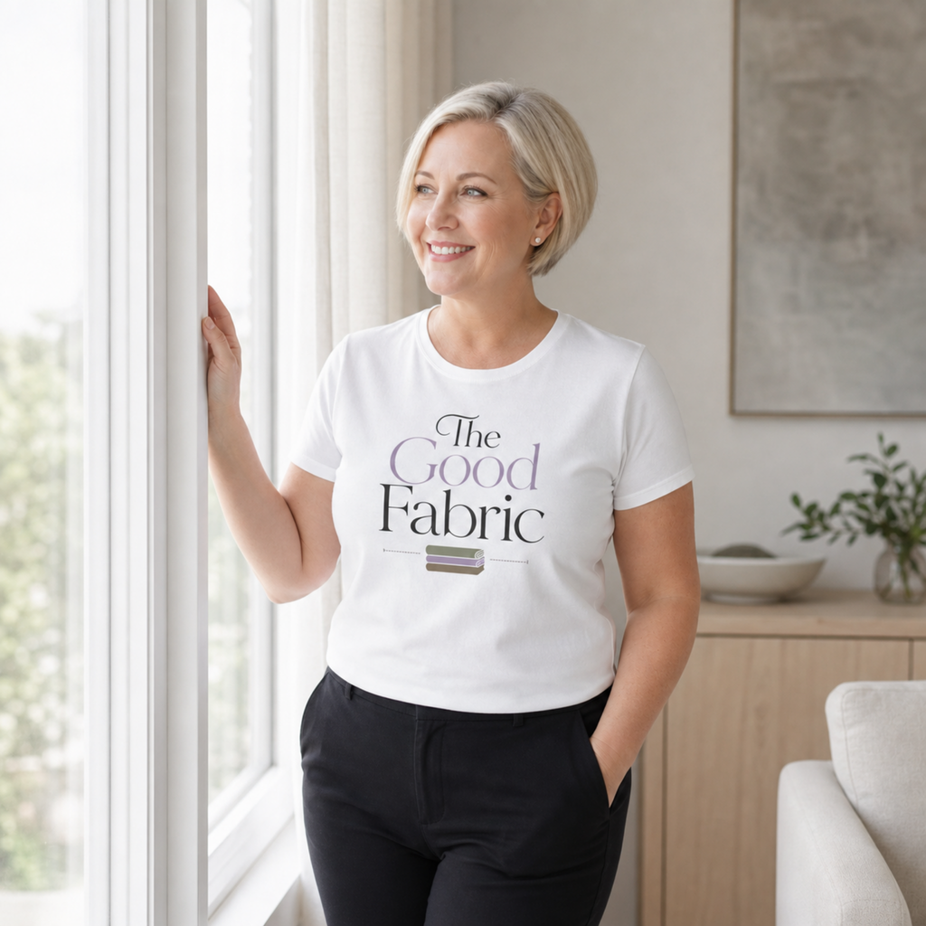 A woman with short blonde hair stands by a window wearing a white graphic T-shirt that reads 'The Good Fabric' in lavender and black lettering, paired with black pants. The setting is a bright, modern room with a light wood cabinet and neutral wall art in the background.